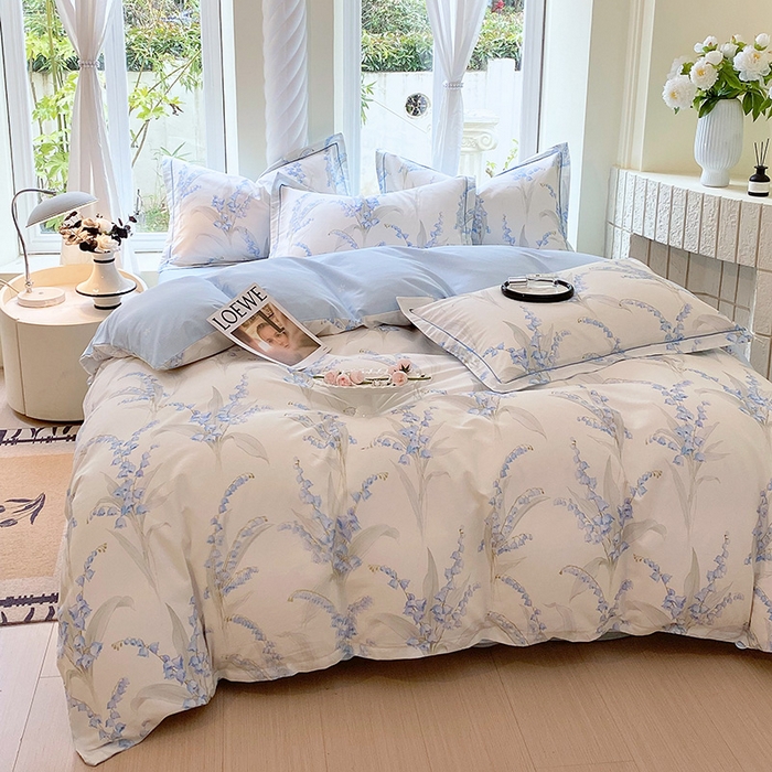 91家纺网 家纺一手货源 找家纺 梧桐树 2025新款100%全棉13372加厚印花四件套 A24铃兰蓝