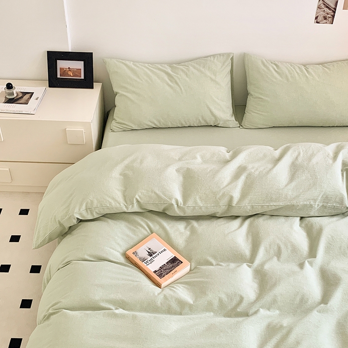 91家纺网 家纺一手货源 找家纺 水洗的故事 2025新款色织水洗棉多巴胺纯色款四件套 果绿