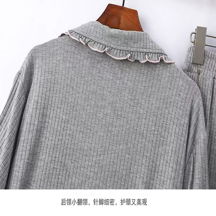 91家纺网 家纺一手货源 找家纺 洛兰沙家居馆【只代发】【只代发】 2025新款外贸欧美风8*5宽坑条莫代尔睡衣女春夏秋开衫翻领短袖长裤家居服 浅灰