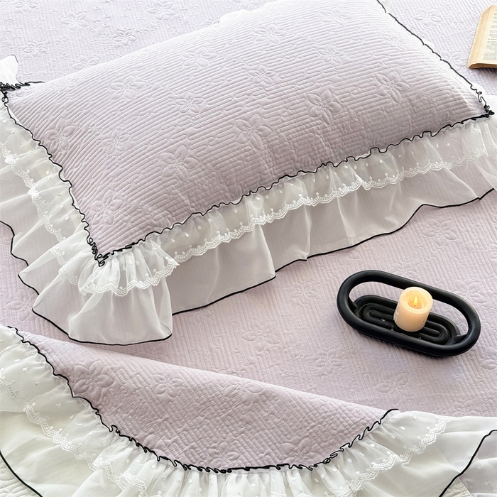 91家纺网 家纺一手货源 找家纺 金喜 2025新款韩版木棉纯色床盖双层蕾丝边夹棉床盖-星梦系列 星梦-芋泥