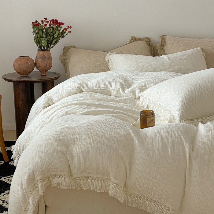 91家纺网 家纺一手货源 找家纺 2025【A类纯棉皱皱纱流苏四件套】日式无印全棉双层纱皱皱纱良品流苏款四件套床品被套纯色A类件套