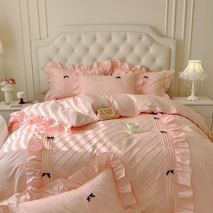 91家纺网 家纺一手货源 找家纺 （总）惯盈家纺 2025新款韩版全棉四件套华夫格蝴蝶结床裙款-少女心事系列（含买家秀）