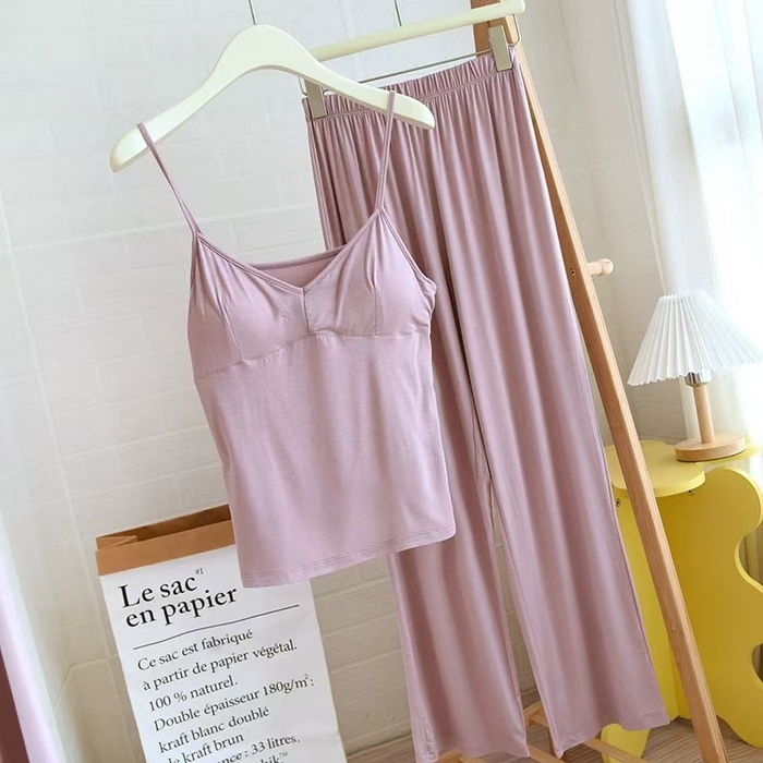 91家纺网 家纺一手货源 找家纺 洛兰沙家居馆【只代发】【只代发】 2025新款外贸欧美风淑女风莫代尔睡衣女春夏秋开衫短袖吊带三件套长裤家居服   三件套粉色 