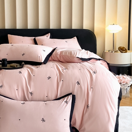 米彩家纺 2025新款水洗磨毛四件套-蝴蝶结爱心系列 蝴蝶结粉玉