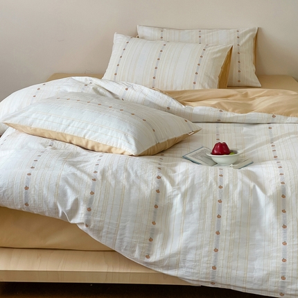 91家纺网 家纺一手货源 找家纺 2025【A类全棉刺绣提花四件套】日式无印刺绣A类提花四件套良品条纹床品套件全棉小清新双拼件套