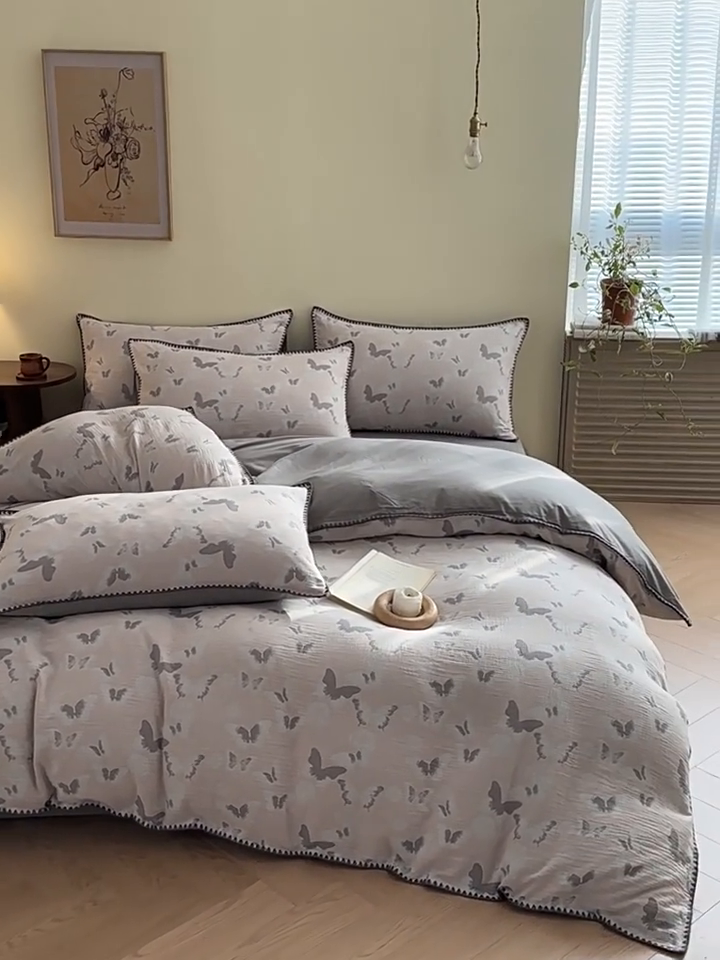 91家纺网 家纺一手货源 找家纺 2025【A类纯棉三层纱四件套】日式无印纯棉四件套良品贝壳绣全棉A类三层纱提花款床品被套床单