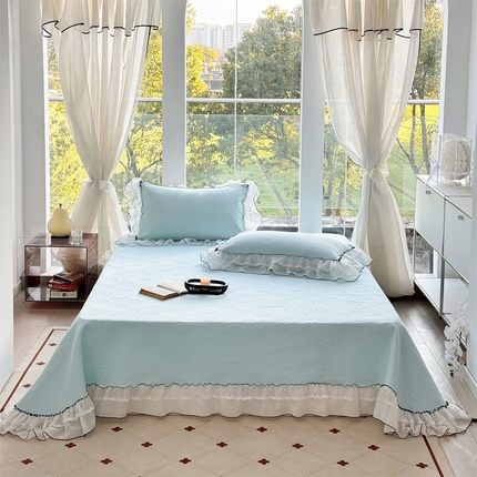 91家纺网 家纺一手货源 找家纺 金喜 2025新款韩版木棉纯色床盖双层蕾丝边夹棉床盖-星梦系列 星梦-蔚蓝