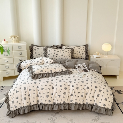 91家纺网 家纺一手货源 找家纺 金米诺 2025新款韩版有氧针织棉双层纱四件套 摩卡