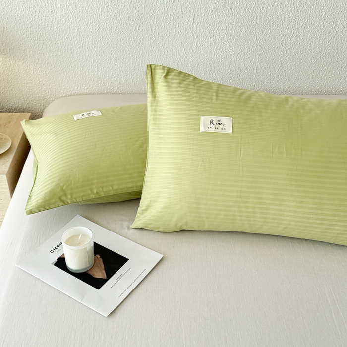 91家纺网 家纺一手货源 找家纺 眠博士 2025新款高支高密60支全棉条纹提花单枕套 枕套-提花豆绿