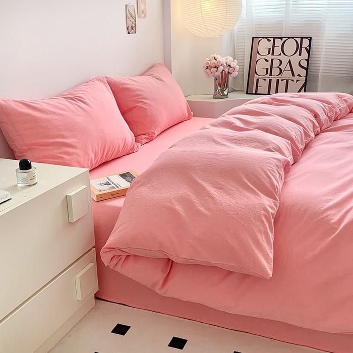 91家纺网 家纺一手货源 找家纺 水洗的故事 2025新款色织水洗棉多巴胺纯色款四件套 嫩粉