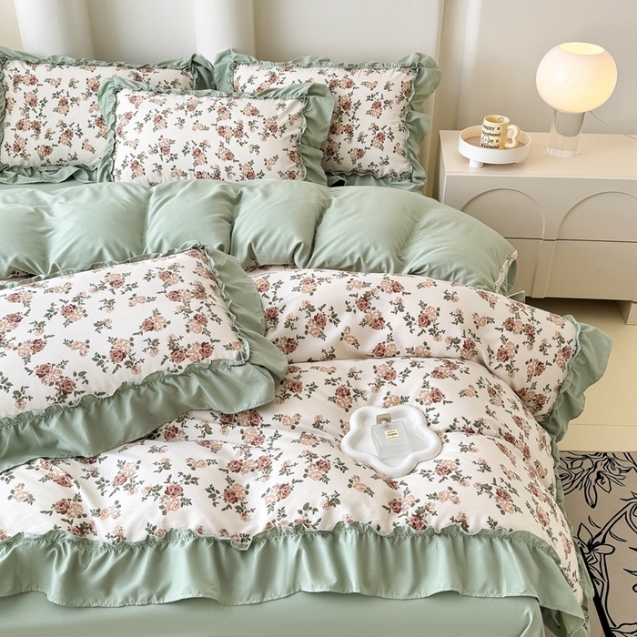 91家纺网 家纺一手货源 找家纺 金米诺 2025新款韩版有氧针织棉双层纱四件套 花田物语