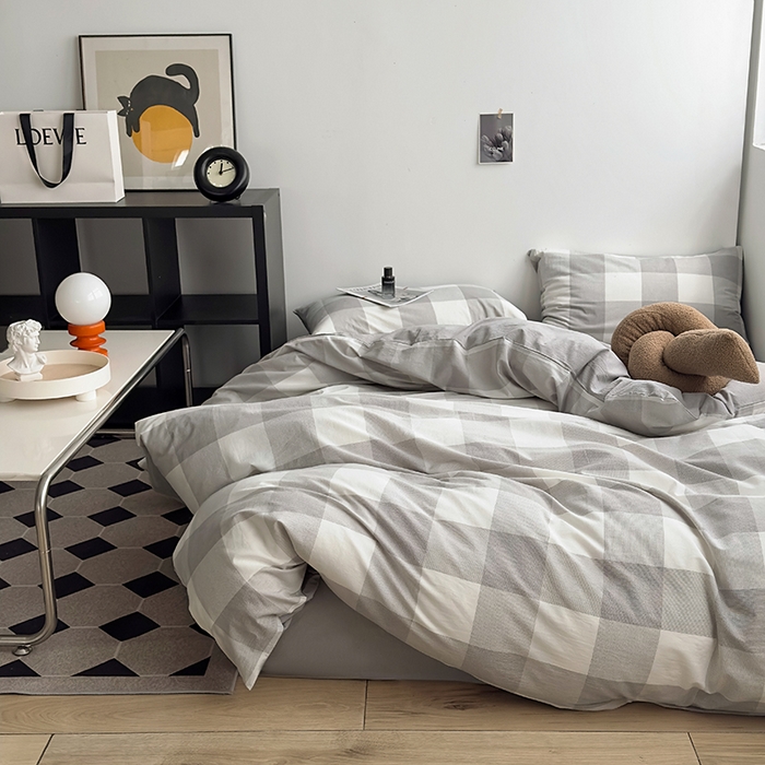 91家纺网 家纺一手货源 找家纺 水洗的故事2025新款A类AB版全棉色织水洗棉四件套 椰灰大格