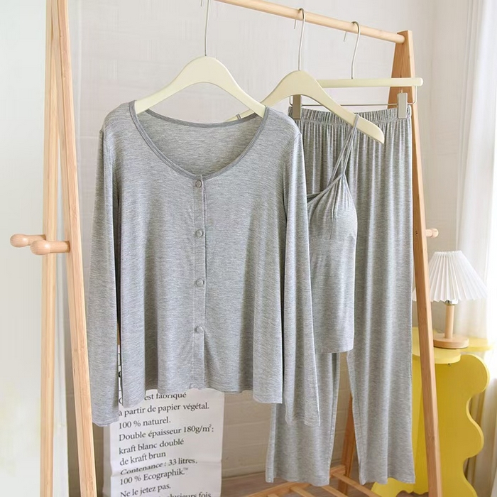 91家纺网 家纺一手货源 找家纺 洛兰沙家居馆【只代发】【只代发】 2025新款外贸欧美风淑女风莫代尔睡衣女春夏秋开衫短袖吊带三件套长裤家居服 三件套灰色