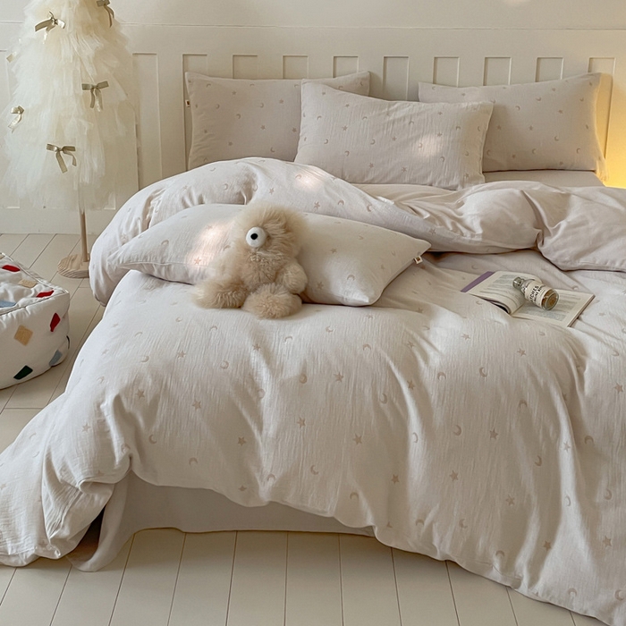 91家纺网 家纺一手货源 找家纺 2025【A类全棉皱皱纱四件套】全棉双层纱四件套A类皱皱纱提花床品件套母婴星月亮