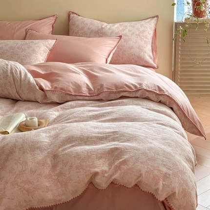 91家纺网 家纺一手货源 找家纺 2025【A类纯棉三层纱四件套】日式无印纯棉四件套良品贝壳绣全棉A类三层纱提花款床品被套床单