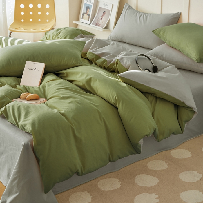 91家纺网 家纺一手货源 找家纺 寐绸家纺 2025新款纯棉水洗棉双拼单被套（自然光） 扶苏绿+毛毯灰