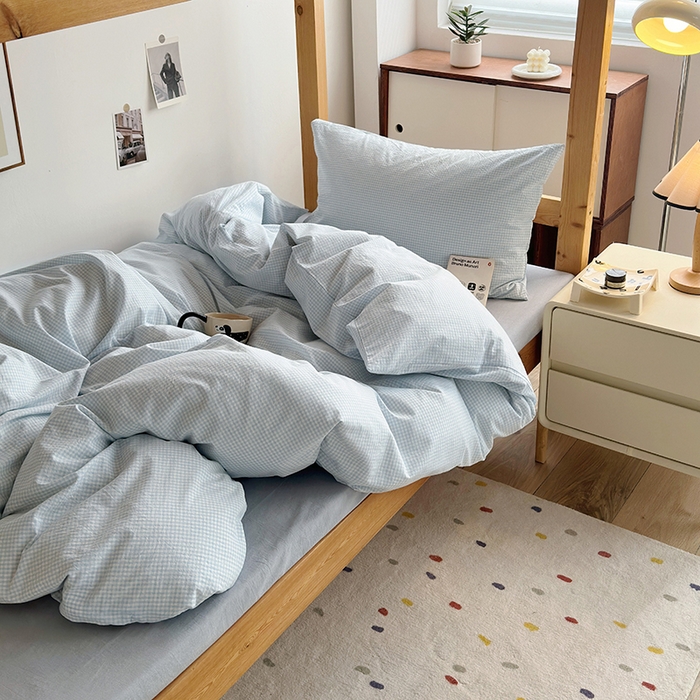 91家纺网 家纺一手货源 找家纺 水洗的故事 2025新款A类色织水洗棉学生三件套 小小格兰-