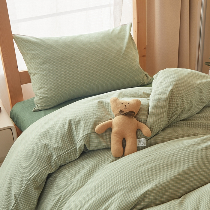 91家纺网 家纺一手货源 找家纺 水洗的故事 2025新款开学季色织水洗棉学生宿舍三件套 西卡绿