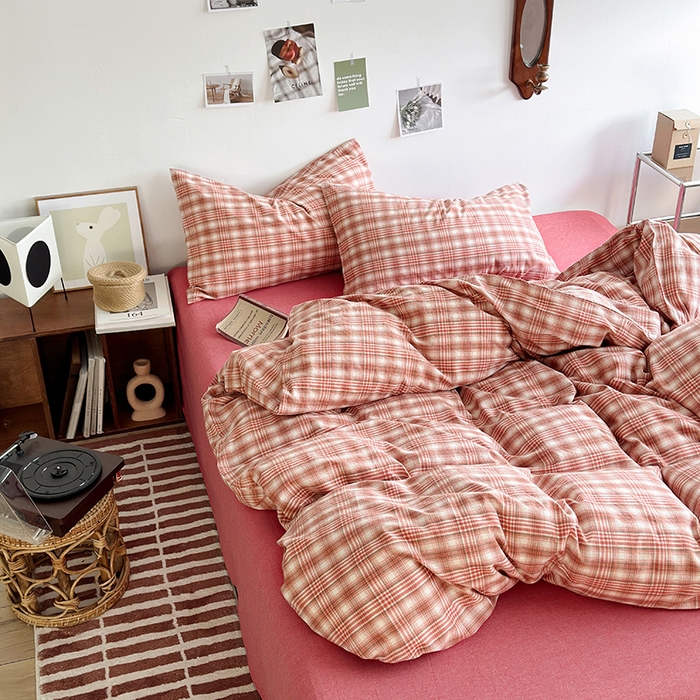 91家纺网 家纺一手货源 找家纺 水洗的故事 2025新款无印良品水洗棉四件套 樱红格