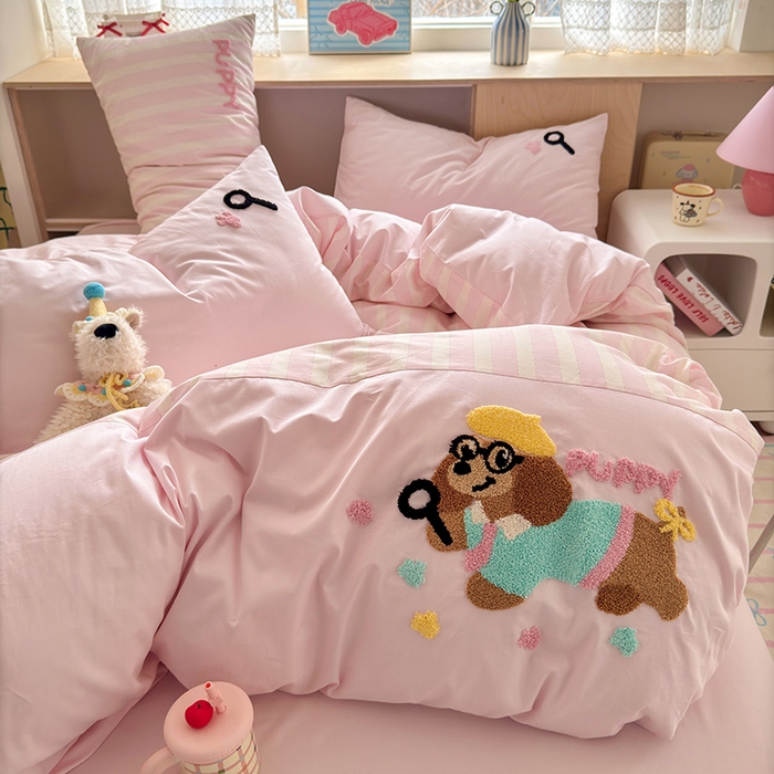 91家纺网 家纺一手货源 找家纺 娜娜 2025新款全棉立体毛巾绣四件套 快乐小狗