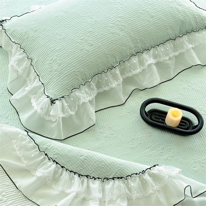 91家纺网 家纺一手货源 找家纺 金喜 2025新款韩版木棉纯色床盖双层蕾丝边夹棉床盖-星梦系列 星梦-水绿
