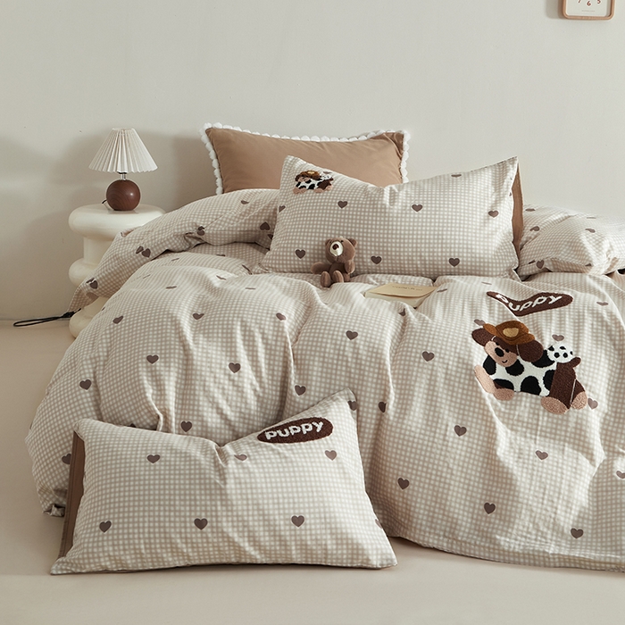 91家纺网 家纺一手货源 找家纺 怡家居 2025新款全棉双层纱可爱卡通毛巾绣四件套 欢乐狗