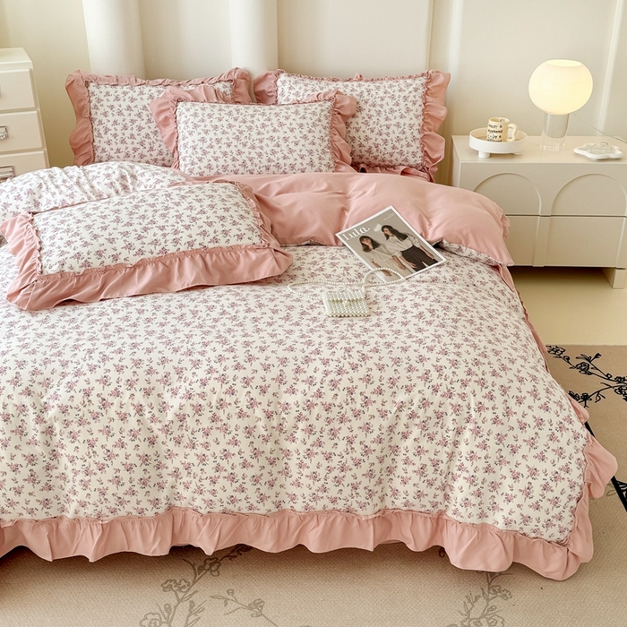 91家纺网 家纺一手货源 找家纺 金米诺 2025新款韩版有氧针织棉双层纱四件套 花境