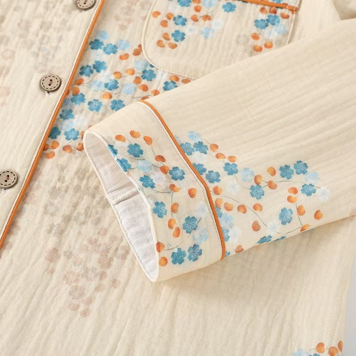 91家纺网 家纺一手货源 找家纺 洛兰沙家居馆【只代发】【只代发】2025新款简约印花睡衣女春夏季宽松休闲家居服长袖开衫套装印花棉纱两件套   花束翻领