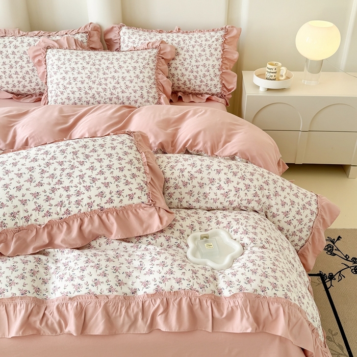 91家纺网 家纺一手货源 找家纺 金米诺 2025新款韩版有氧针织棉双层纱四件套 花境