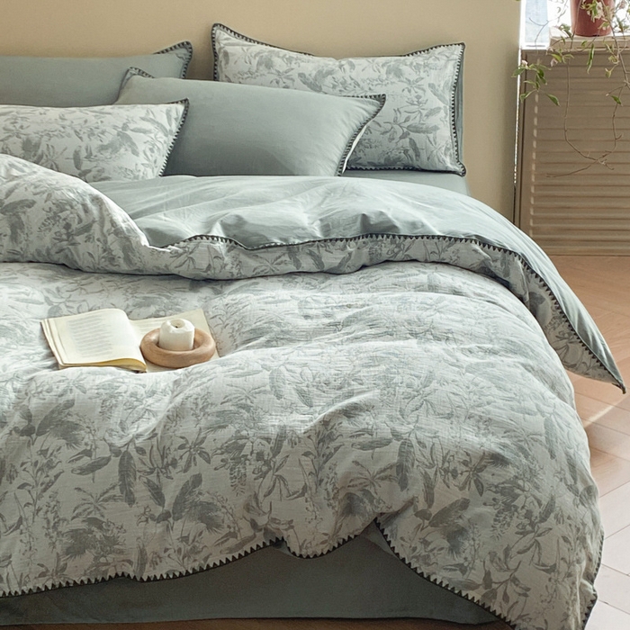 91家纺网 家纺一手货源 找家纺 2025【A类纯棉三层纱四件套】日式无印纯棉四件套良品贝壳绣全棉A类三层纱提花款床品被套床单