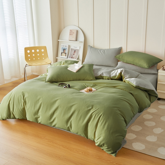 91家纺网 家纺一手货源 找家纺 寐绸家纺 2025新款纯棉水洗棉双拼单被套（自然光） 扶苏绿+毛毯灰