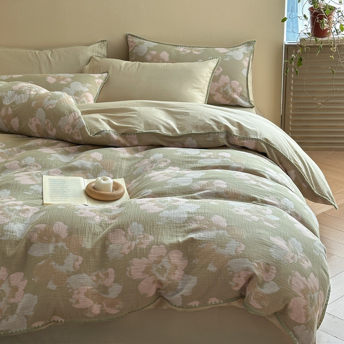 91家纺网 家纺一手货源 找家纺 2025【A类纯棉三层纱四件套】日式无印纯棉四件套良品贝壳绣全棉A类三层纱提花款床品被套床单