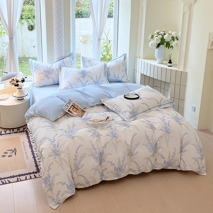 91家纺网 家纺一手货源 找家纺 梧桐树 2025新款100%全棉13372加厚印花四件套 A24铃兰蓝