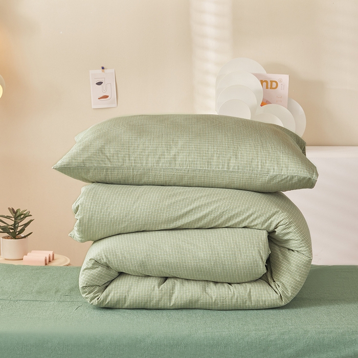 91家纺网 家纺一手货源 找家纺 水洗的故事 2025新款开学季色织水洗棉学生宿舍三件套 西卡绿