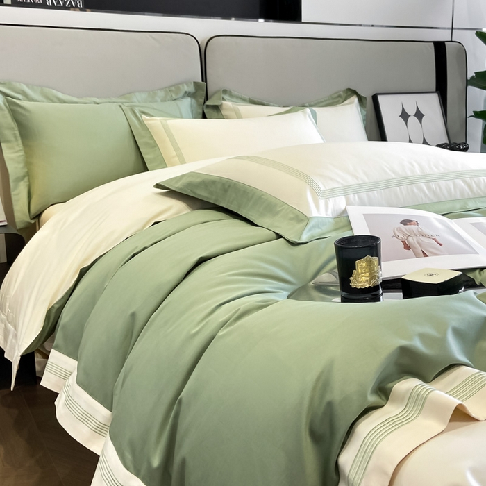 91家纺网 家纺一手货源 找家纺 桃园 2025新款纯棉全棉长绒棉刺绣绣花高端礼盒四件套-莱卡 莱卡牛油果绿