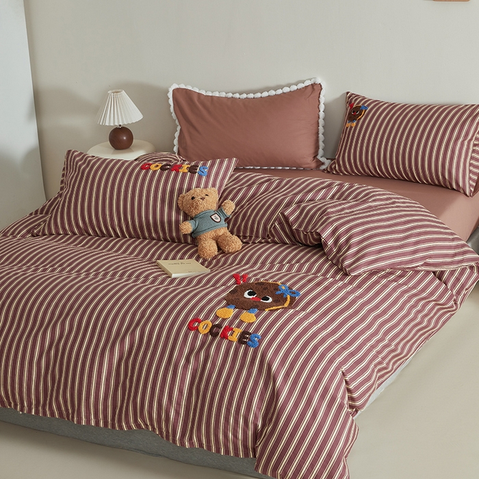 91家纺网 家纺一手货源 找家纺 怡家居 2025新款全棉双层纱可爱卡通毛巾绣四件套 可爱曲奇