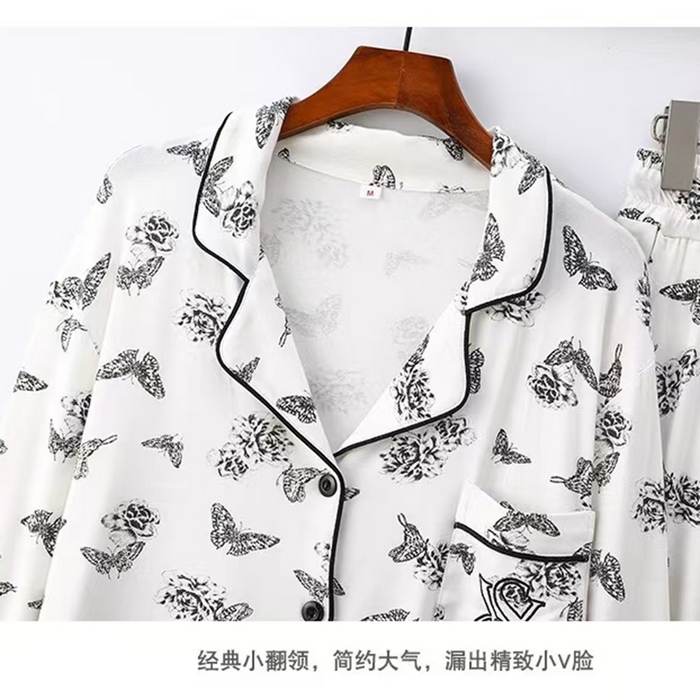 91家纺网 家纺一手货源 找家纺 （总）洛兰沙家居馆【只代发】【只代发】2025新款跨境春秋款莫代尔蝴蝶印花睡衣女长袖长裤开衫翻领大码家居服套装 