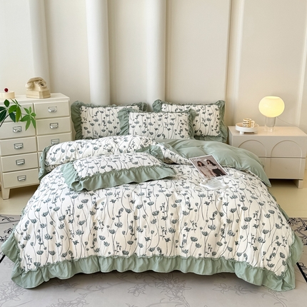 91家纺网 家纺一手货源 找家纺 金米诺 2025新款韩版有氧针织棉双层纱四件套 格瑞