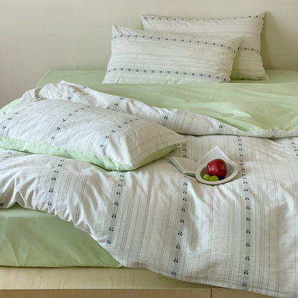 91家纺网 家纺一手货源 找家纺 2025【A类全棉刺绣提花四件套】日式无印刺绣A类提花四件套良品条纹床品套件全棉小清新双拼件套