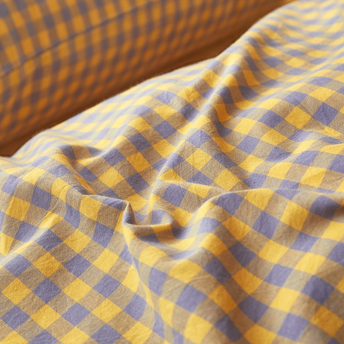 91家纺网 家纺一手货源 找家纺 水洗的故事 2025新款开学季色织水洗棉学生宿舍三件套 紫黄小格