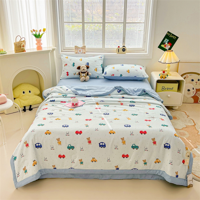 91家纺网 家纺一手货源 找家纺 秋泽家纺 2025春夏新款水洗棉双层纱大豆纤维夏被夏凉被空调被 汽车派对