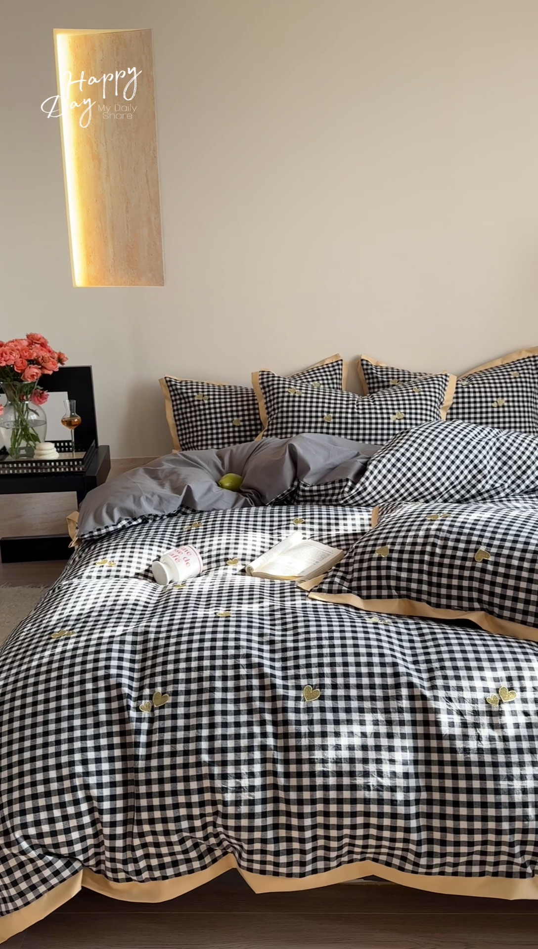 91家纺网 家纺一手货源 找家纺 优悦生活馆2025新款全棉纯棉水洗棉刺绣四件套 黑格-爱心