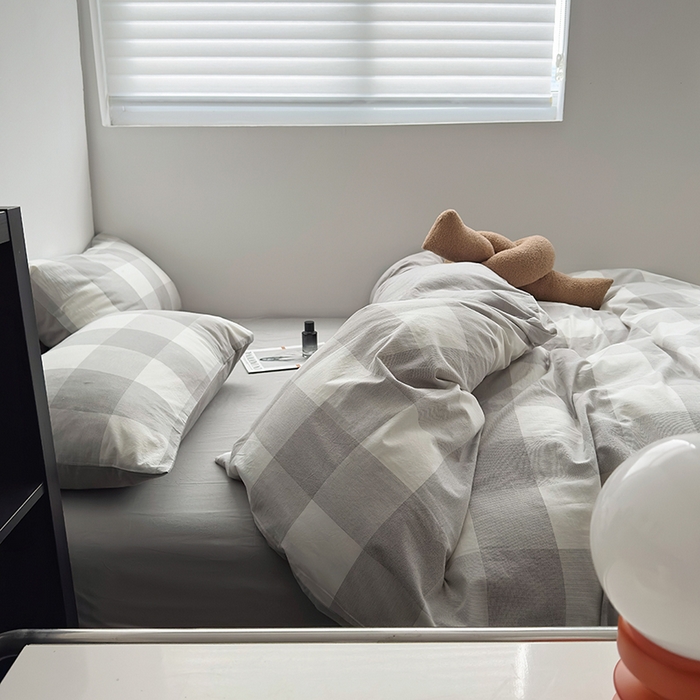 91家纺网 家纺一手货源 找家纺 水洗的故事2025新款A类AB版全棉色织水洗棉四件套 椰灰大格