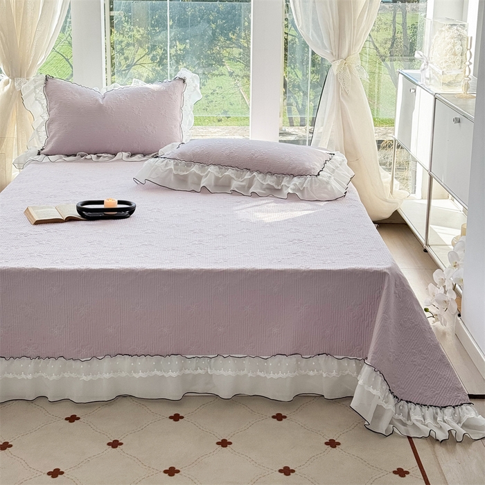 91家纺网 家纺一手货源 找家纺 金喜 2025新款韩版木棉纯色床盖双层蕾丝边夹棉床盖-星梦系列 星梦-芋泥