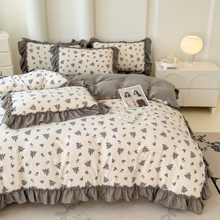 91家纺网 家纺一手货源 找家纺 金米诺 2025新款韩版有氧针织棉双层纱四件套 摩卡