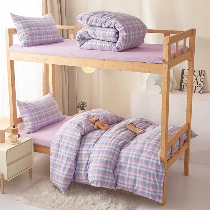 91家纺网 家纺一手货源 找家纺 水洗的故事 2025新款开学季色织水洗棉学生宿舍三件套 炫彩紫