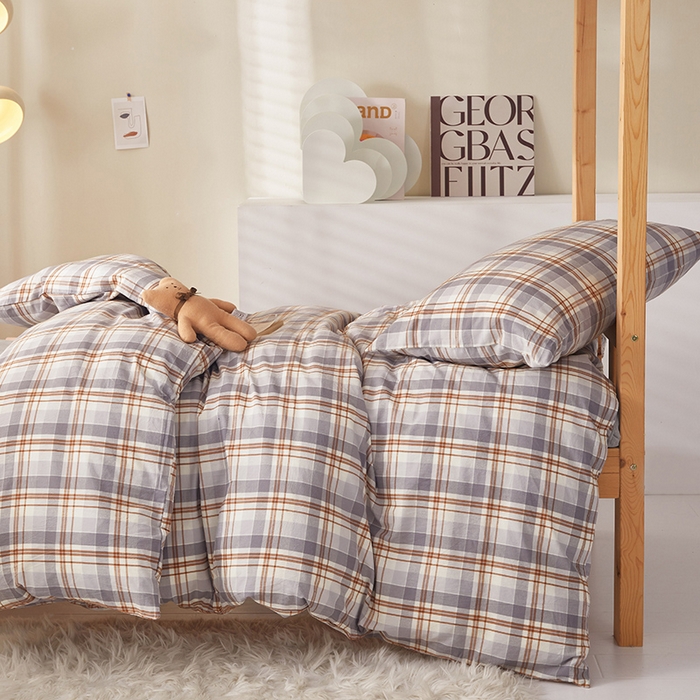 91家纺网 家纺一手货源 找家纺 水洗的故事 2025新款开学季色织水洗棉学生宿舍三件套 森屿灰