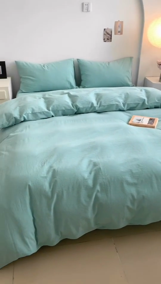 91家纺网 家纺一手货源 找家纺 水洗的故事 2025新款色织水洗棉多巴胺纯色款四件套 湖绿