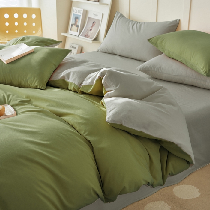 91家纺网 家纺一手货源 找家纺 寐绸家纺 2025新款纯棉水洗棉双拼单被套（自然光） 扶苏绿+毛毯灰