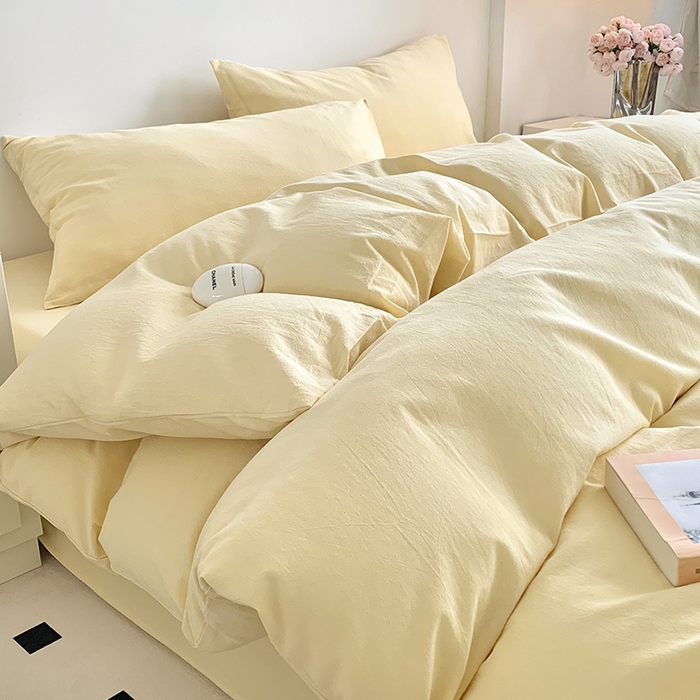 91家纺网 家纺一手货源 找家纺 水洗的故事 2025新款色织水洗棉多巴胺纯色款四件套 奶黄